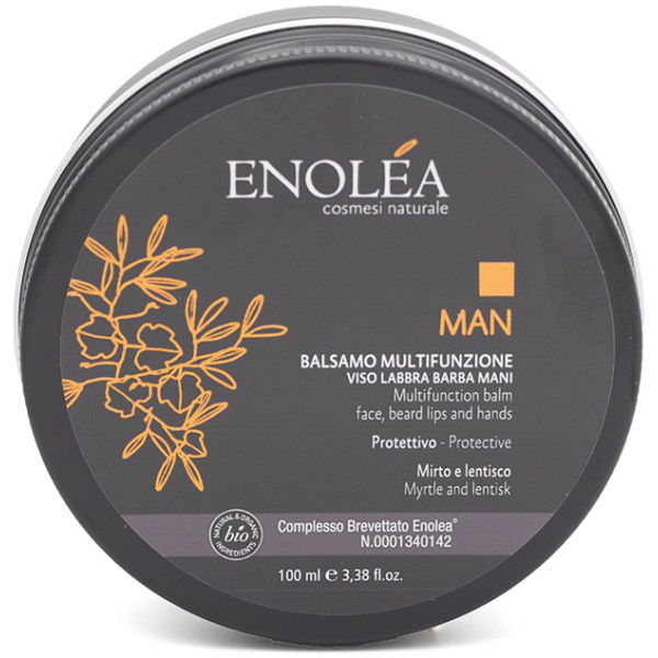 Enolea Man Multifunktsionaalne Palsam Näole, Huultele, Habemele ja Kätele sisaldab Enolea patenteeritud kompleksi, mürdi ja läätse ekstrakte ning punastest viinamarjadest saadud reservatrooli.